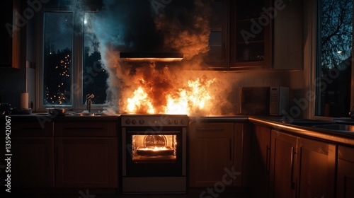 Kitchen fire incident emergency response during a blaze in residential home dramatic nighttime scene