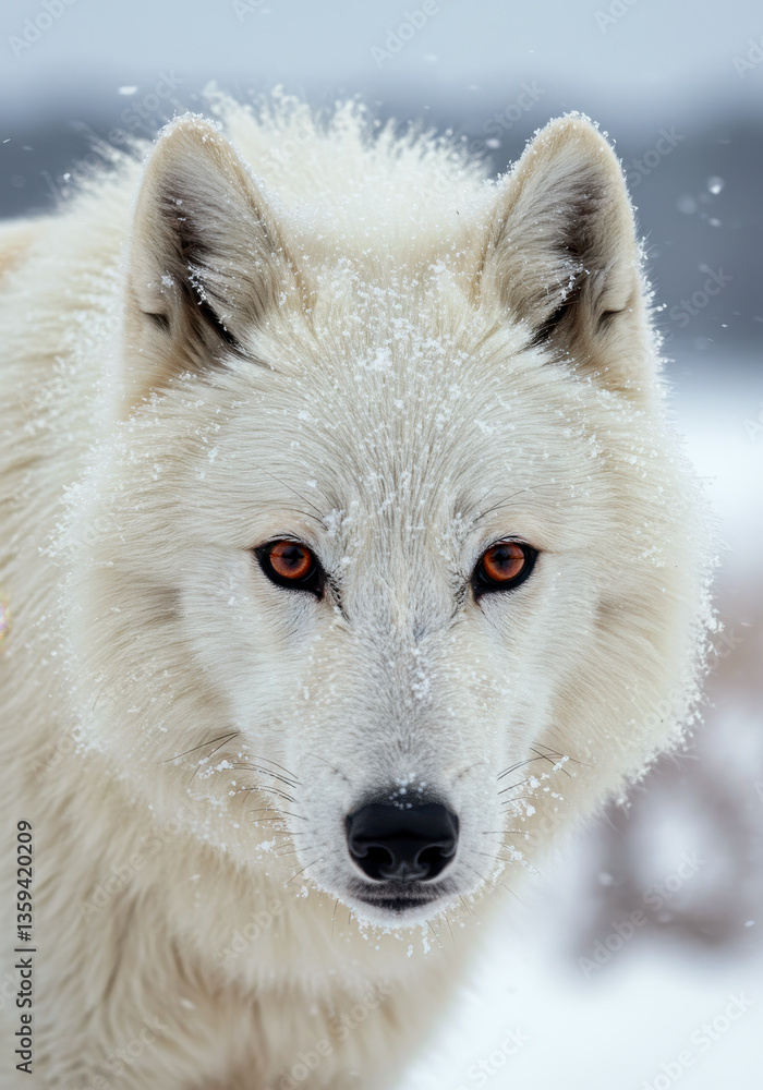 Obraz premium Majestic white wolf in snowy habitat highlighting albinism traits