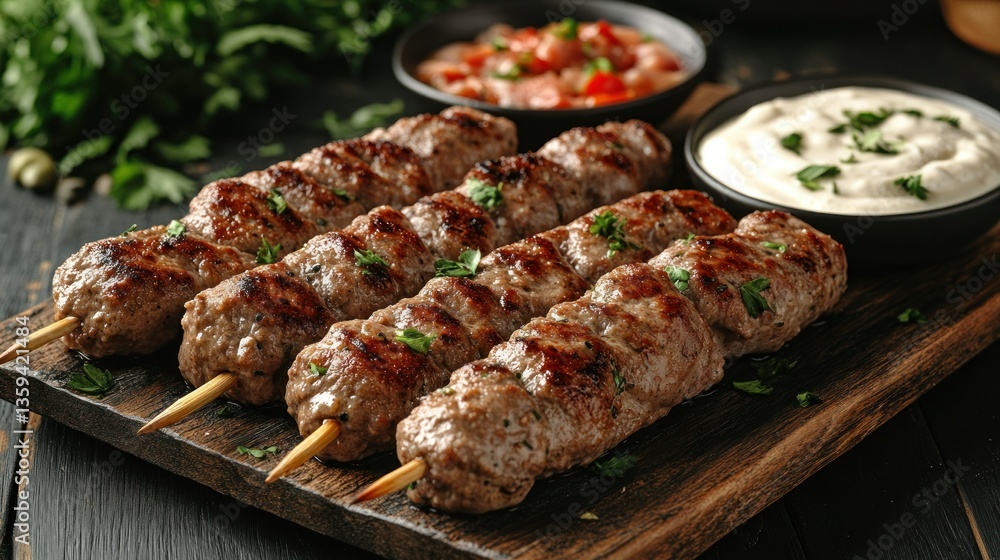 Delicious grilled skewers of seasoned minced meat, garnished with fresh herbs, served with a side of creamy sauce and a salsa Delicious grilled skewers of seasoned minced meat, garnished with fresh herbs, served with a side of creamy sauce and a salsa