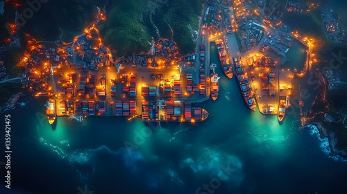 Coastal Port at Night: An aerial view captures a bustling coastal port at night, illuminating the water with vibrant city lights, illustrating the global economy.