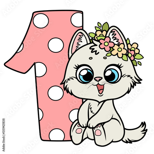 Cute cartoon kitten wreath of flowers and number one on a white background