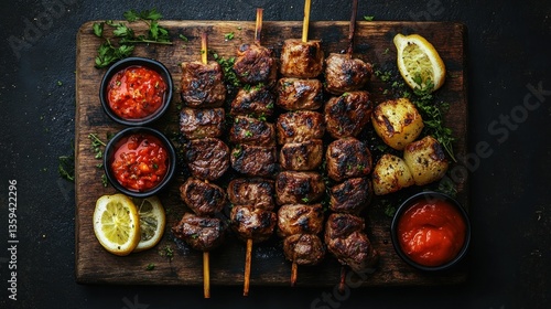 Wallpaper Mural Delicious grilled skewers with flavorful sauces and roasted potatoes Torontodigital.ca