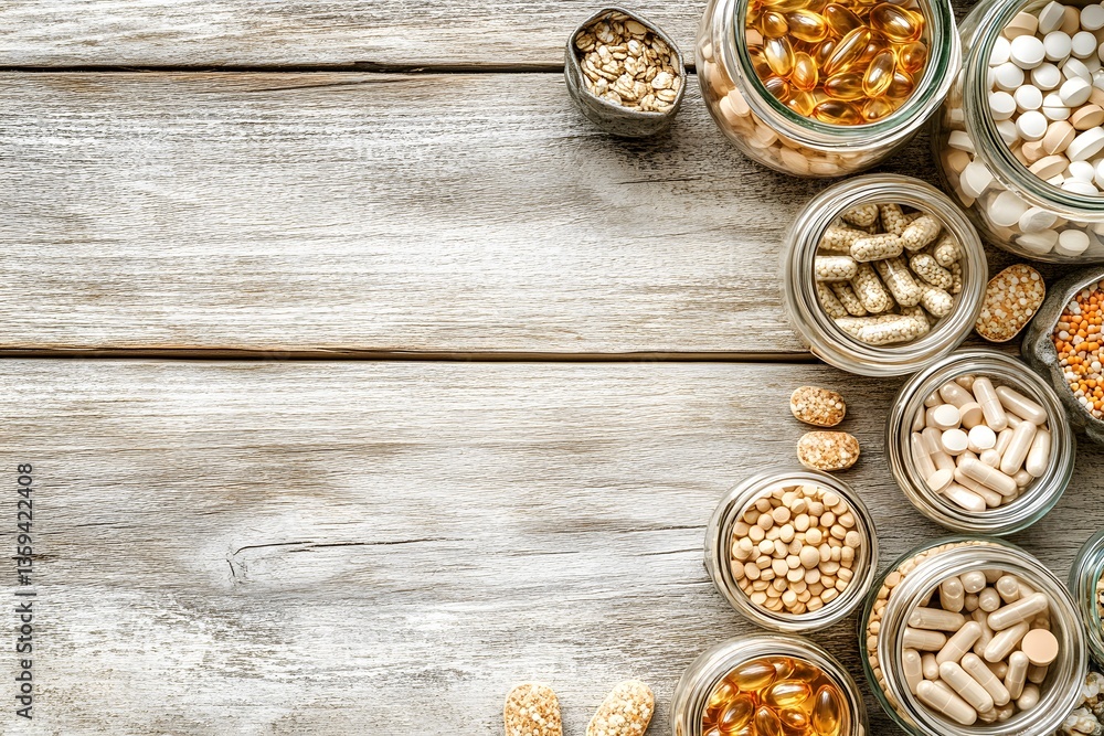 Variety of Supplements and Pills in Jars on Wooden Background Variety of Supplements and Pills in Jars on Wooden Background