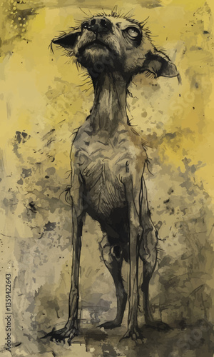 Unhappy, disheveled, extremely cursed and thin dog standing on two legs with a sad face, Caricature.