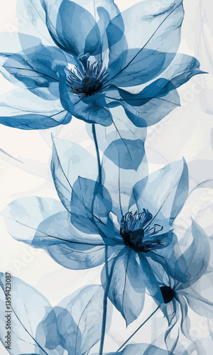 abstract image of a beautiful, blue flowers that extends beyond the limits of the canvas, plain white background
