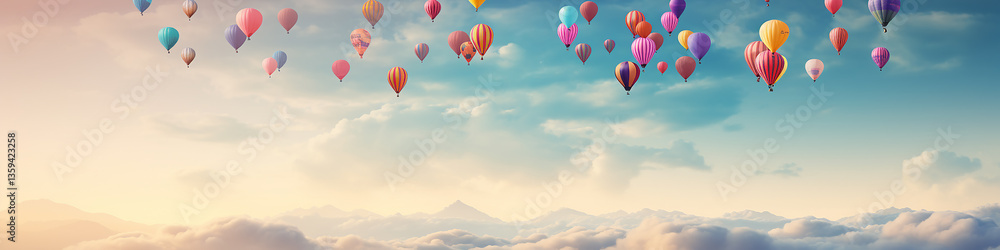 Fototapeta premium panorama of multicolored balloons in the sky above the clouds, long narrow panoramic view, background, space, freedom and happiness