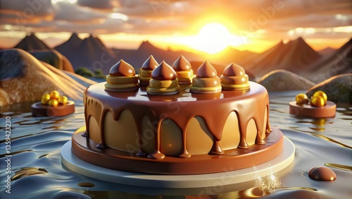 Golden Hour Indulgence: A Chocolate Cake in a Surreal Landscape