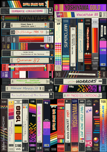 VHS Cassettes Background, Old Home Viddeo Collection Style Illustration, Vector Template for Vintage Posters, Covers, Illustrations