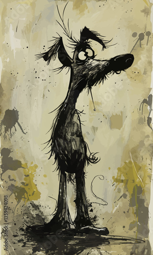 Unhappy, disheveled, extremely cursed and thin dog standing on two legs with a sad face, Caricature.