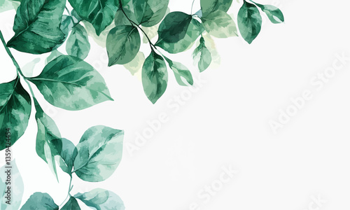 Beautifully Illustrated Green Leaves on White with copy-space. Invitation Wallpaper.