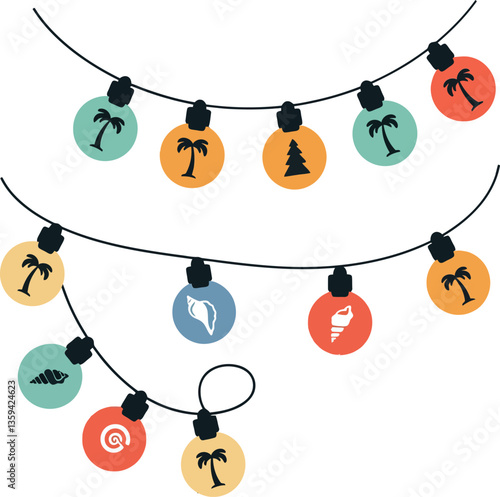 Colorful decorative string lights featuring palm trees, seashells, and other tropical elements, creating a vibrant and festive atmosphere perfect for summer gatherings and celebrations.