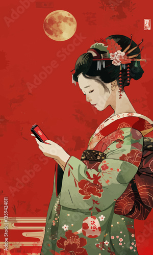 Classical Japanese Illustration of a Geisha Using a Smartphone