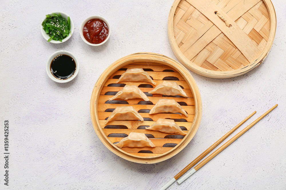Fototapeta premium Bamboo steamer with tasty Japanese gyoza and bowls of sauces on white background