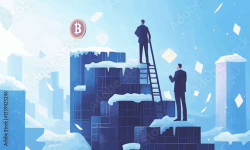 Business men work hard to make Bitcoin rise - illustration