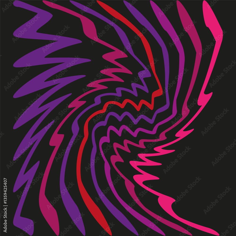 Obraz premium Distorted colorful lines. Abstract wave pattern. Black background vector. Dynamic vibrant movement.