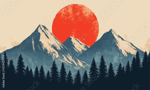Colorful illustration of mountains and trees and a red sun in the background