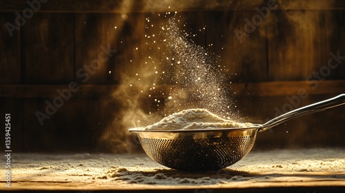 Luxurious flour scene with an antique silver sifter, flour dust sparkling in warm golden light, against a dark wooden backdrop
