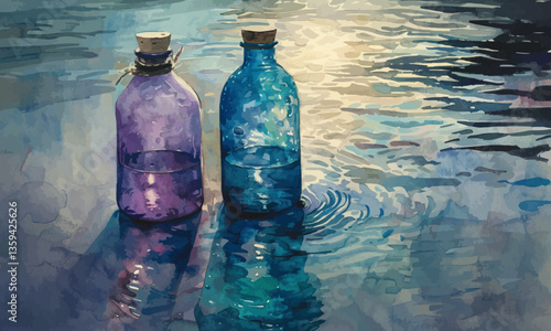 bottles with blue pastel and purple pastel on water
