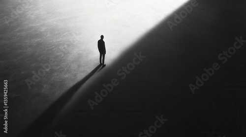 A mysterious figure standing at the edge of a monochrome void, its shadow resembling a set of wings, evoking a sense of potential and freedom