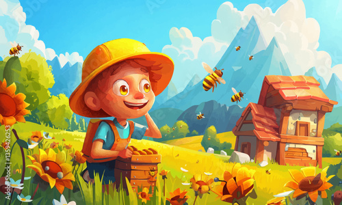 Cheerful beekeeper checking beehive