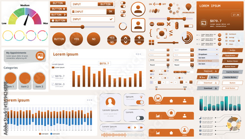 A set of modern interface elements for business applications and websites: buttons, charts, menus, graphs, and other interactive components for easy navigation and analytics.