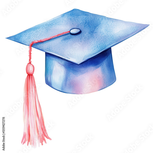 Watercolor graduation cap illustration, blue mortarboard with pink tassel, education achievement icon for school and diploma design isolated on Transparent Background