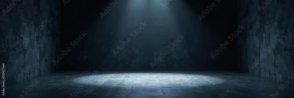 Dark, minimalist room with textured floor illuminated by spotlight,  dark wall, abstract