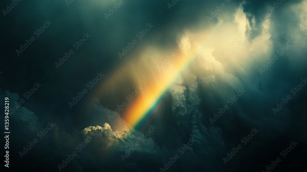 Fototapeta premium Rainbow appearing through dark storm clouds.