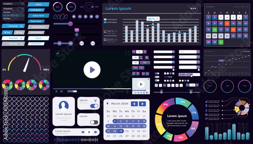 A set of modern interface elements for business applications and websites: buttons, charts, menus, graphs, and other interactive components for easy navigation and analytics.