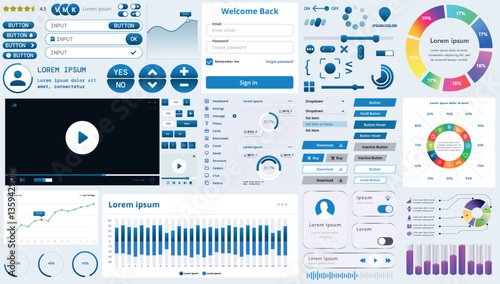 A set of modern interface elements for business applications and websites: buttons, charts, menus, graphs, and other interactive components for easy navigation and analytics.