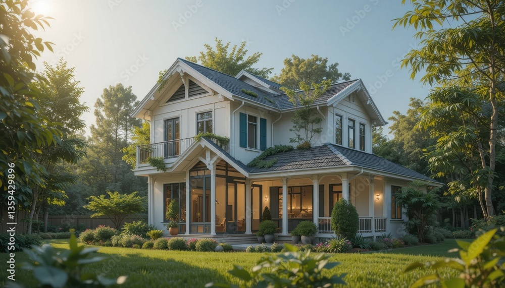 Charming modern home design with lush garden serene suburban setting architectural photography bright natural light captivating landscape views Charming modern home design with lush garden serene suburban setting architectural photography bright natural light captivating landscape views