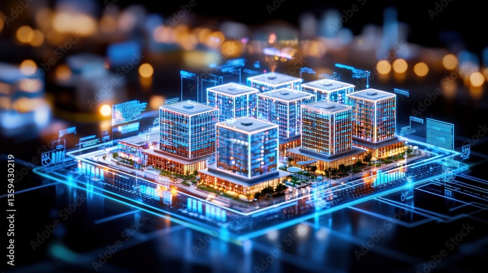 Obraz premium Smart City Digital Model Futuristic Urban Development Illuminated at Night with Data Visualization