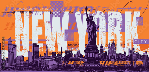 Vector banner or card with famous American Statue of Liberty against skyscrapers silhouettes. Decorative illustration of US landmark in grunge style with New York inscription