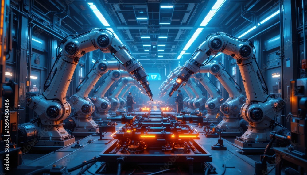 Automated robotic arms performing precision assembly in a high-tech factory futuristic manufacturing environment industrial automation dynamic perspective Automated robotic arms performing precision assembly in a high-tech factory futuristic manufacturing environment industrial automation dynamic perspective