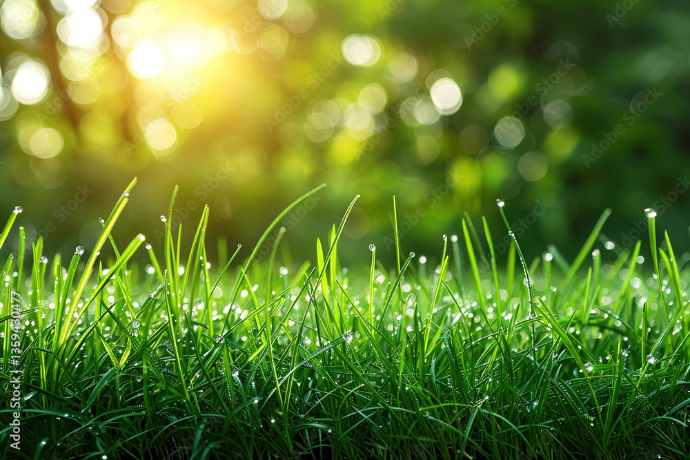 Obraz premium Dew-covered grass blades glistening under the early morning light, creating a serene atmosphere