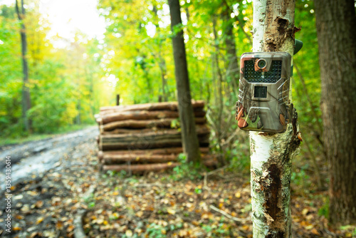 A camera trap guarding wood in the forest