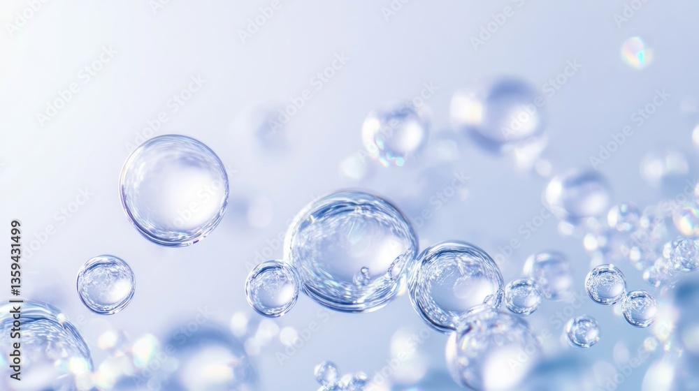 Many transparent water bubbles floating in a cool light environment