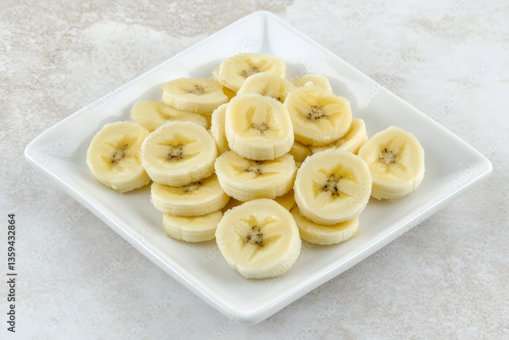 Fresh Sliced Bananas on White Plate, Healthy Snack, Fruit Slices, Close Up Fresh Sliced Bananas on White Plate, Healthy Snack, Fruit Slices, Close Up