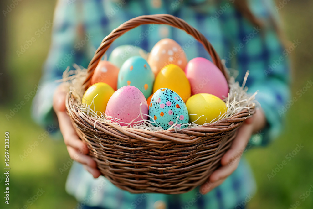 A cheerful close-up of a child holding a wicker basket filled with colorful Easter eggs in a sunlit garden, perfect for Easter events, spring celebrations, and family gatherings. A cheerful close-up of a child holding a wicker basket filled with colorful Easter eggs in a sunlit garden, perfect for Easter events, spring celebrations, and family gatherings.