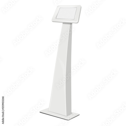 Floor digital tablet kiosk with transparent screen. 3d mockup. iPad display stand. Realistic vector mock-up. Computer monitor podium holder. Template for design