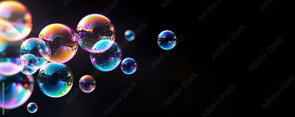 Colorful soap bubbles floating against a dark background, showcasing their iridescent surfaces and spherical shapes. Colorful soap bubbles floating against a dark background, showcasing their iridescent surfaces and spherical shapes.
