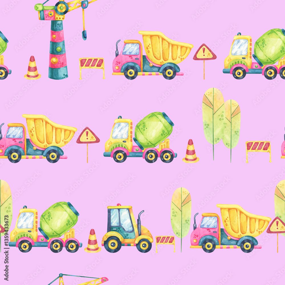 Naklejka premium Yellow dump trucks, green cement mixers, and traffic cones on a pastel pink background. This watercolor seamless pattern clipart is great for kids fabric, wallpaper, and digital projects