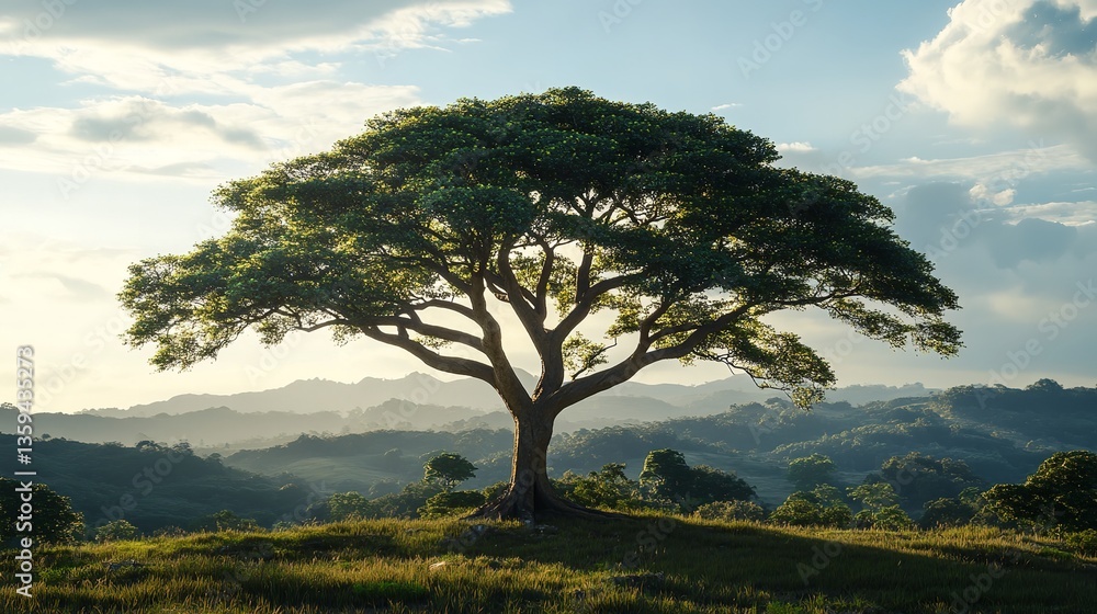 Fototapeta premium Lone Tree on a Misty Mountain at Twilight