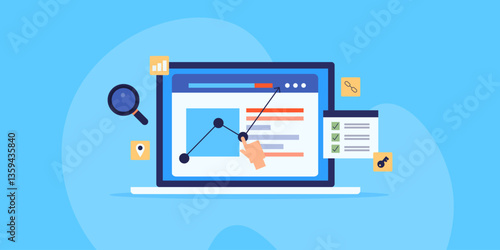 Website traffic graph, keyword optimization and backlink for website position, business listing and analytics tool installation, SEO checklist concept.