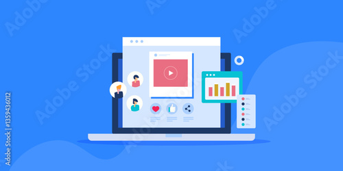 Online audience interacts with social media post, content marketing report and insights on laptop screen, e-business technology.
