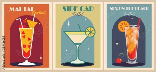 Cocktails retro poster set. Side Car, Mai Tai, Sex on the beach. Collection of popular alcohol drinks. Vintage style flat vector illustrations for bar, pub, restaurant, kitchen wall art print