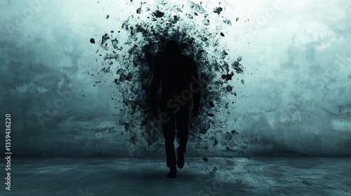 A Human Figure Dissolving into Shadow, Representing the Fading Sense of Self and Struggles with Depression in a Raw and Artistic Style