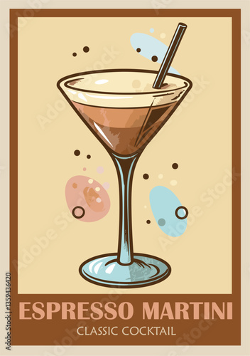 Espresso Martini Cocktail retro poster. Popular alcohol drink. Vintage style flat vector illustration for bar, pub, restaurant decoration, kitchen wall art print.