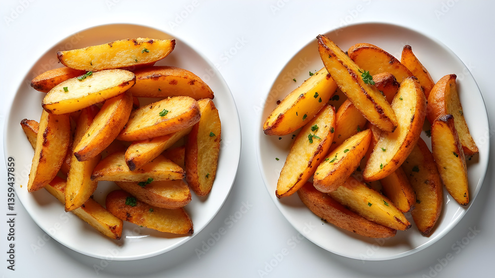Set of two Crispy Golden Potato Wedges on White Plates – Roasted Snack, Side Dish, and Delicious Comfort Food Set of two Crispy Golden Potato Wedges on White Plates – Roasted Snack, Side Dish, and Delicious Comfort Food