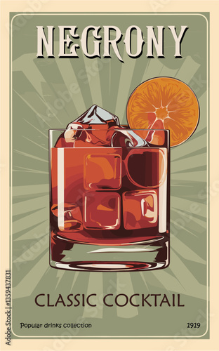 Negroni Cocktail retro poster. Popular alcohol drink. Vintage style flat vector illustration for bar, pub, restaurant decoration, kitchen wall art print.